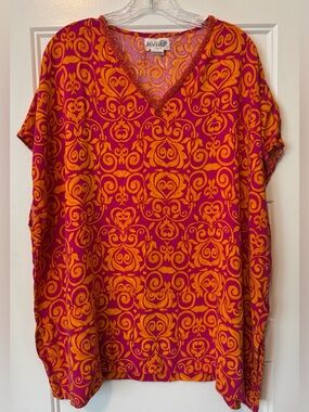 NVELOP Sun UV Protection Kaftan Cover Up S/M Pink Orange Beaded V Neck Resort